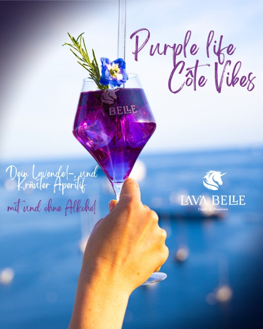 Hand raising a glass of Lav'a Belle with rosemary towards the sea, text: Your lavender and herb aperitif with and without alcohol